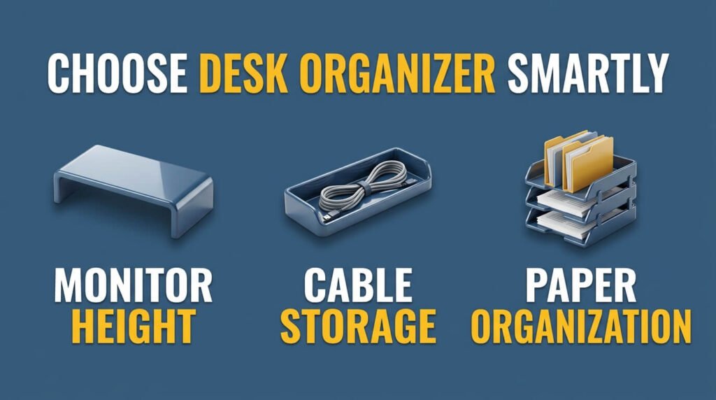 Desk organizer infographic showing monitor height, cables, and paper storage.