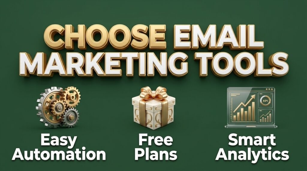 Email marketing infographic showing automation, free plans, and analytics.