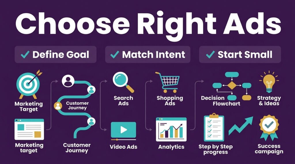 Choosing Google Ads campaign based on goals intent and business objectives successfully.