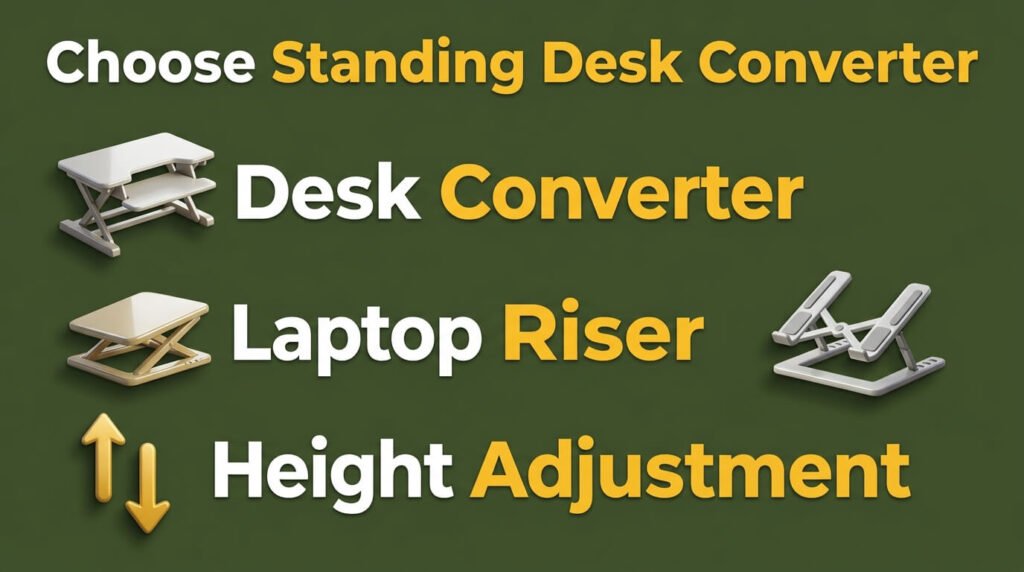 Standing desk infographic showing converters, laptop risers, and height adjustment.