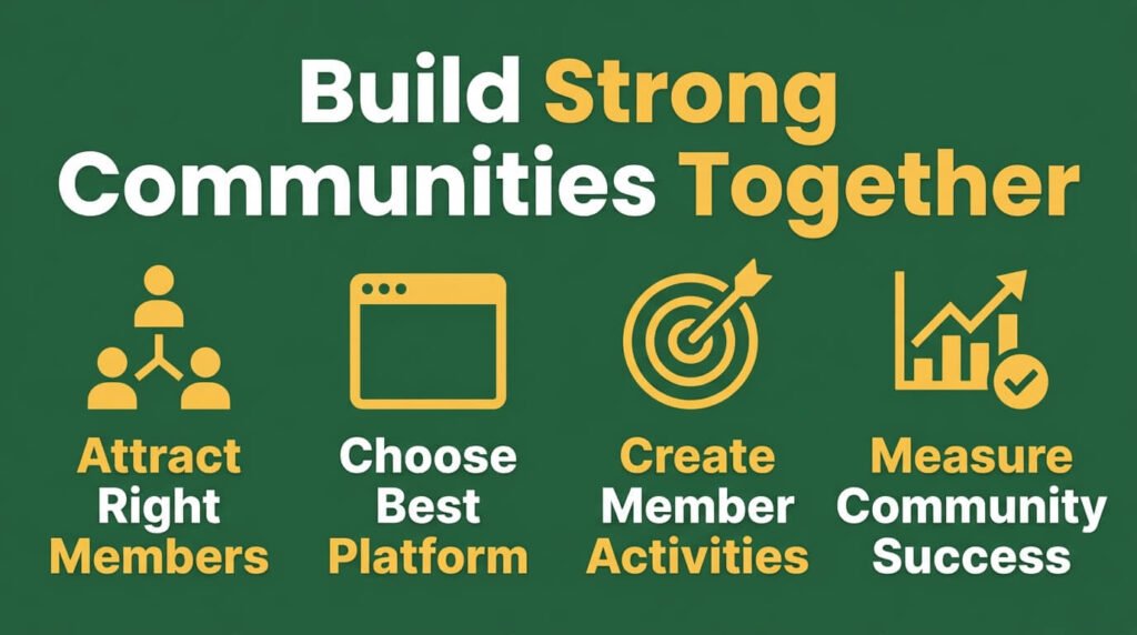 Community strategy infographic showing members, platforms, activities, and success metrics.