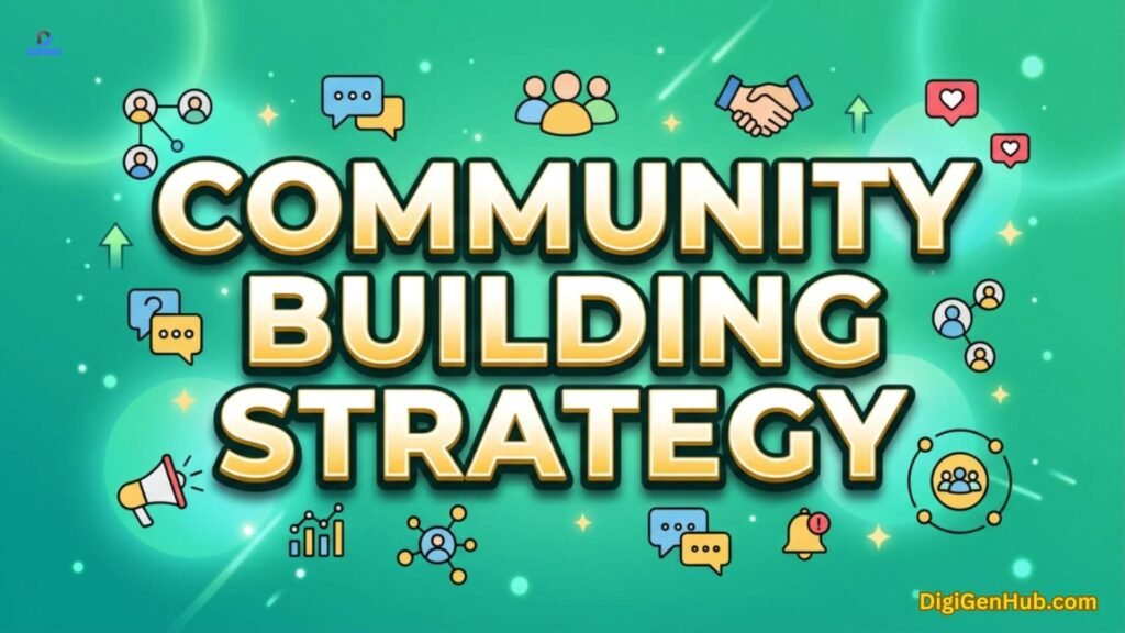 Community building illustration with networking and engagement icons.