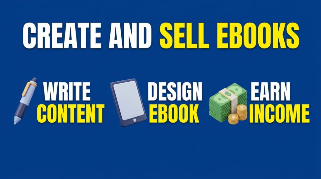 Ebook infographic showing writing, design, and income generation process.