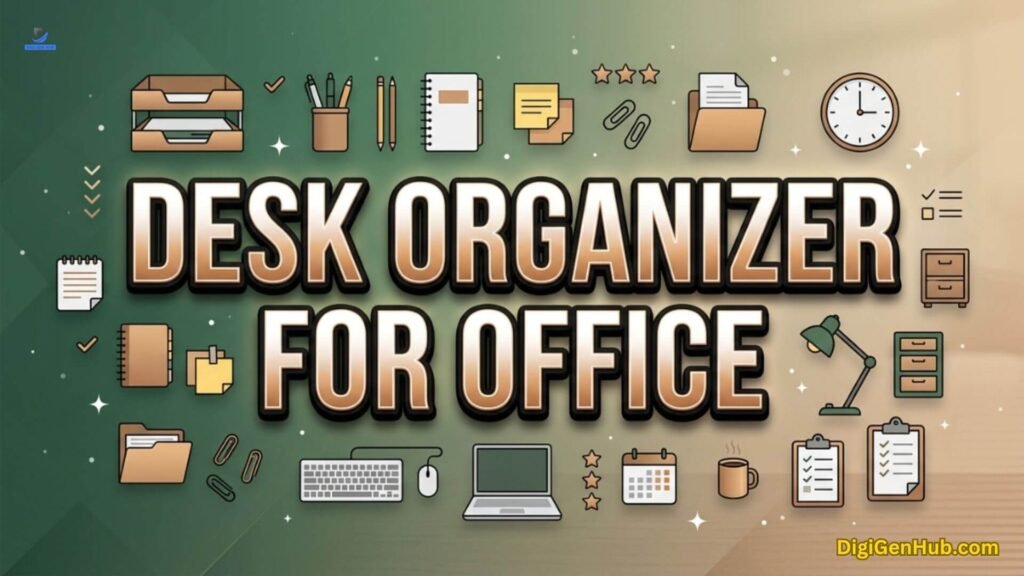 Office desk organizer illustration with workspace organization icons.