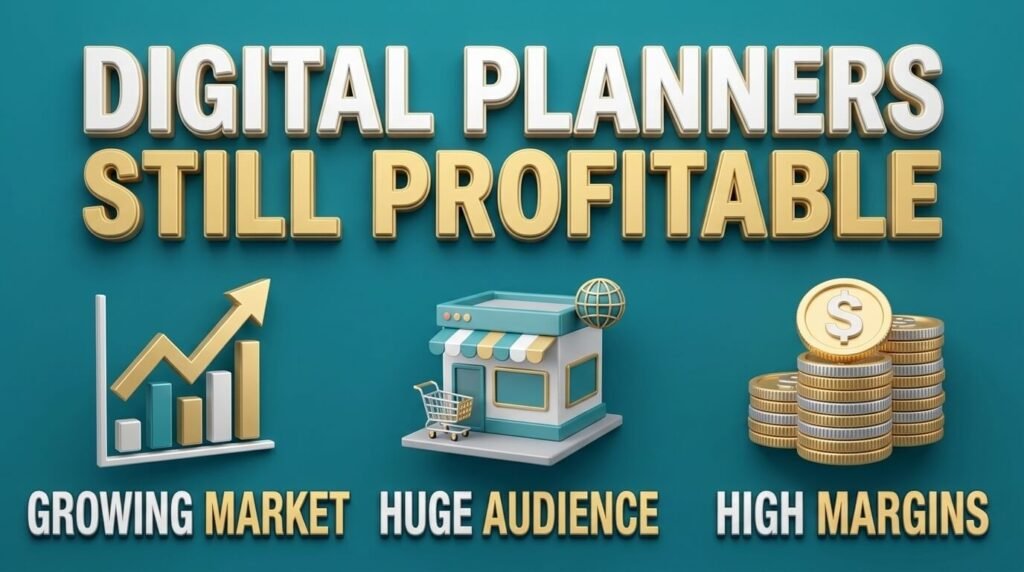 Digital planner infographic showing market growth, buyers, and profits.