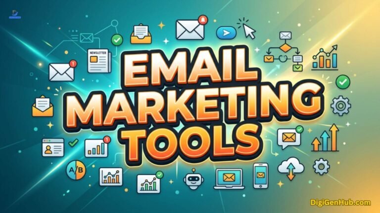 Email marketing tools illustration with automation and analytics icons.