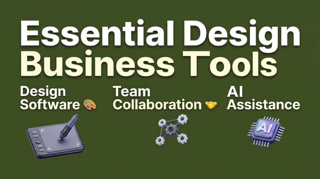 Design tools infographic showing software, collaboration, and AI assistance.