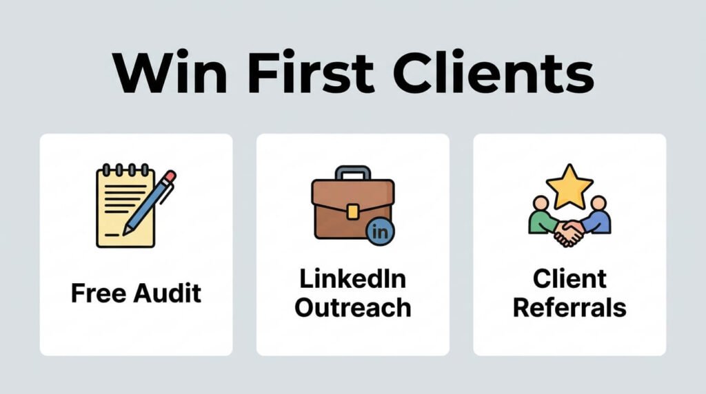 Win first clients using audits outreach and referral marketing strategies effectively.