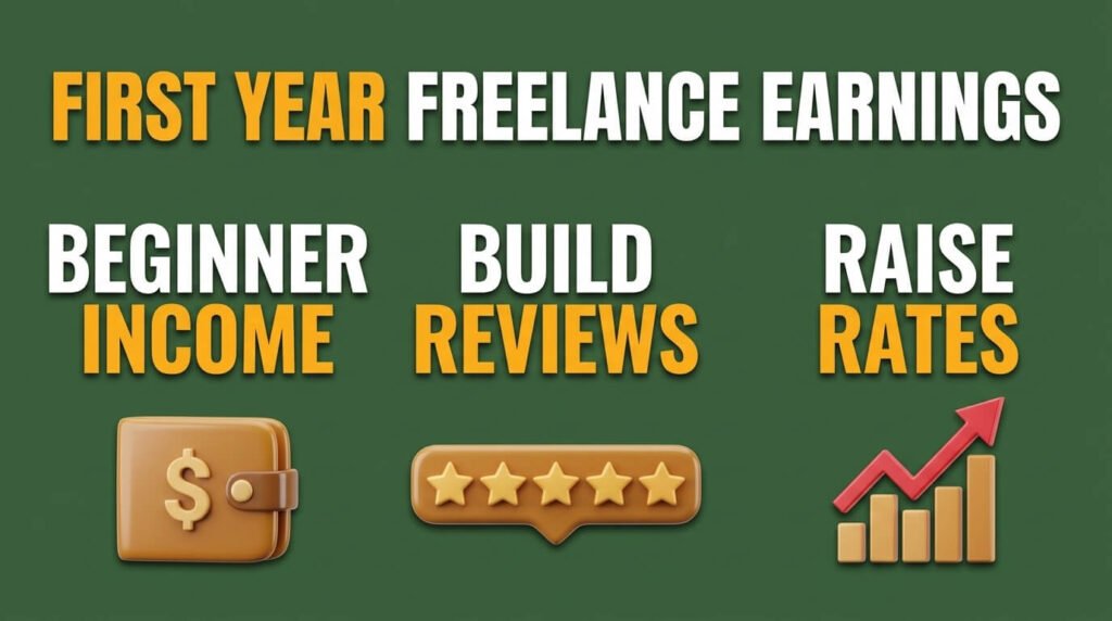 Freelance earnings infographic showing income, reviews, and rate growth.