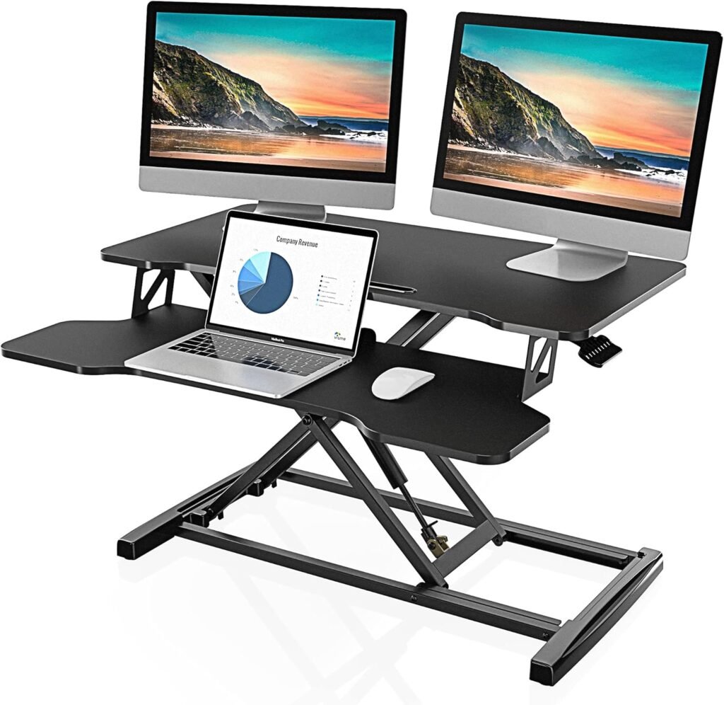 FITUEYES FSD308001WB standing desk converter supports dual monitors and laptop