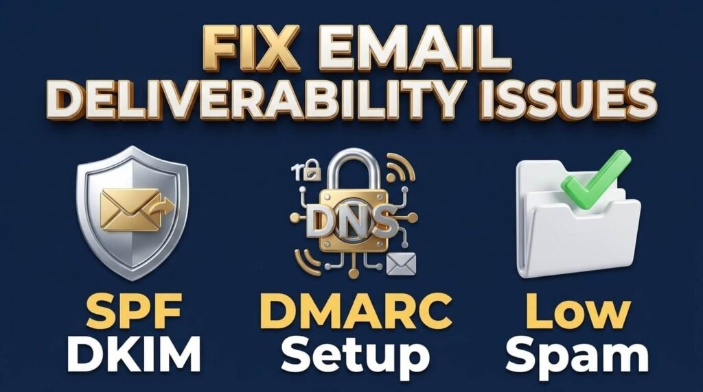 Email deliverability infographic showing SPF, DMARC, and spam protection.