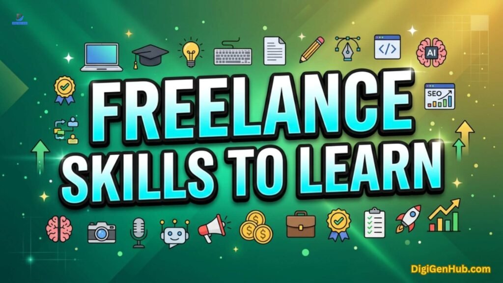 Freelance skills illustration with learning and career growth icons.
