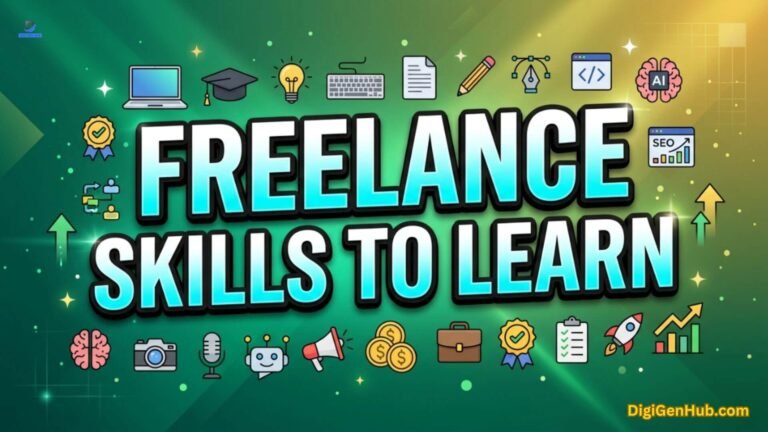 Freelance skills illustration with learning and career growth icons.