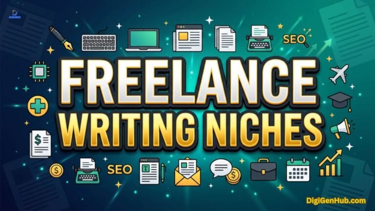 Freelance writing niches illustration with content and career icons.