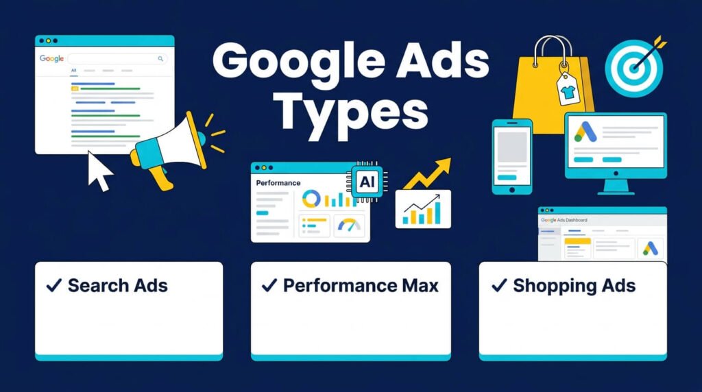 Google Ads types comparing Search Performance Max and Shopping campaigns visually effectively.