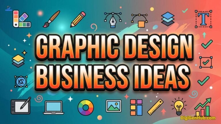 Graphic design business illustration with creative tools and branding icons.