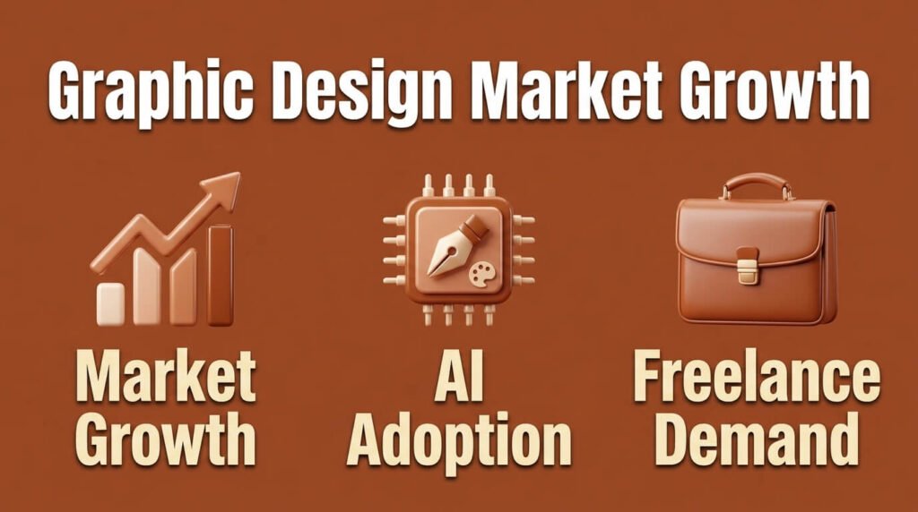 Graphic design infographic showing market growth, AI adoption, and freelance demand.