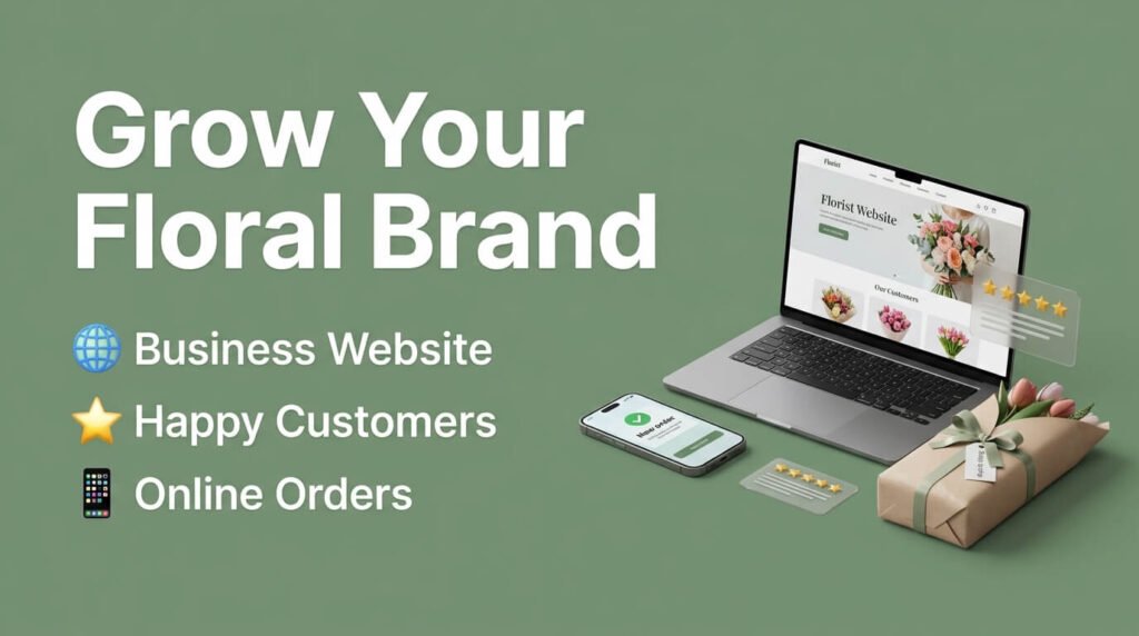 Online florist website with customer orders, business branding, and flower delivery packaging.