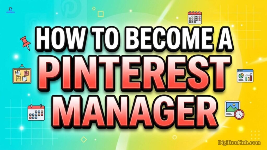 Pinterest manager illustration with pinboard and scheduling icons.