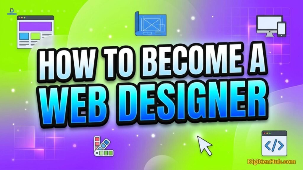 Web designer illustration with UI layout and coding icons.