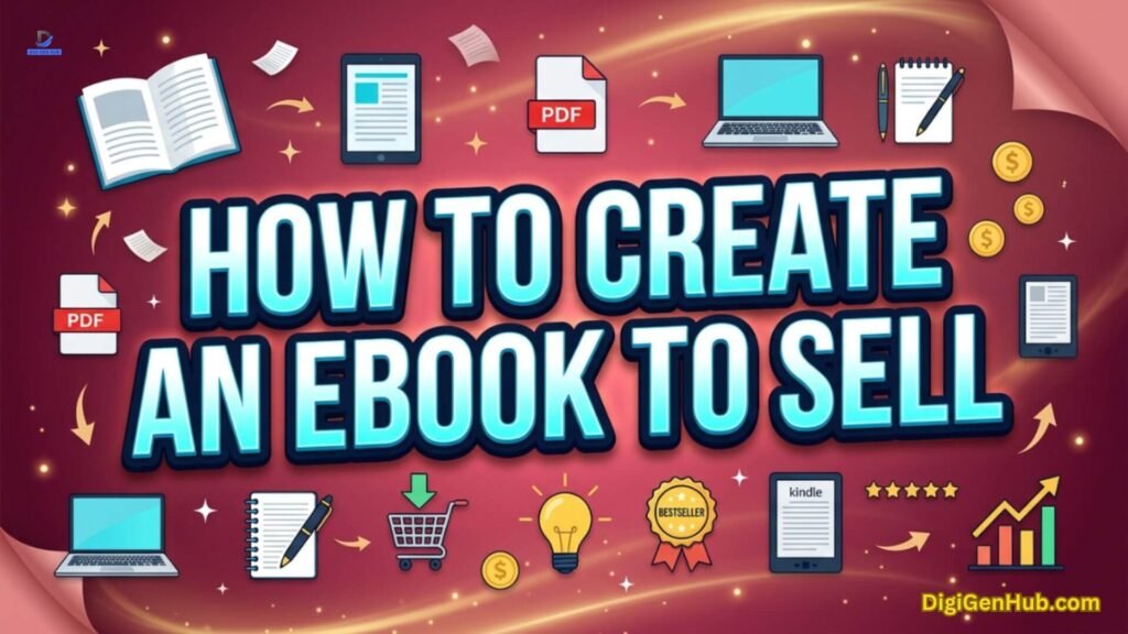 Ebook creation illustration with digital publishing and sales icons.