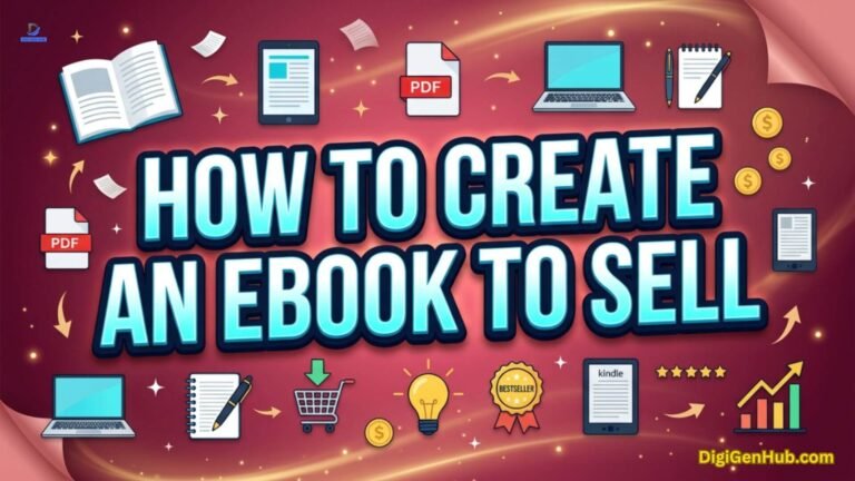 Ebook creation illustration with digital publishing and sales icons.