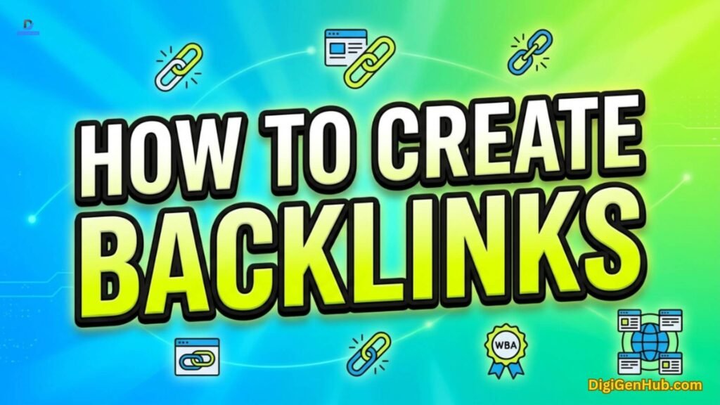 Backlink creation illustration with website linking and SEO icons.