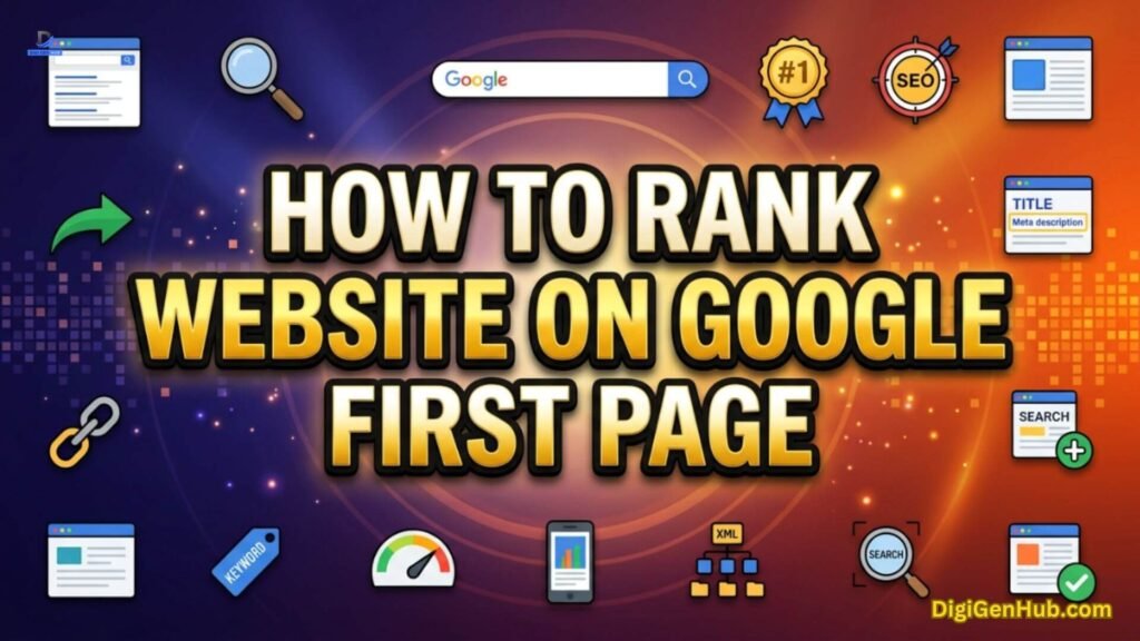 Google ranking illustration with SEO and search optimization icons.