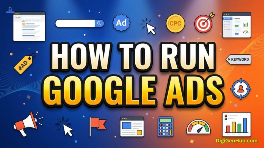 Google Ads illustration with PPC advertising and campaign icons.