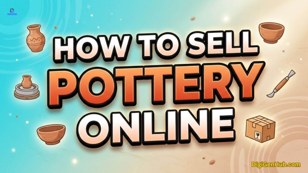 Pottery selling illustration with ceramic making and shipping icons.