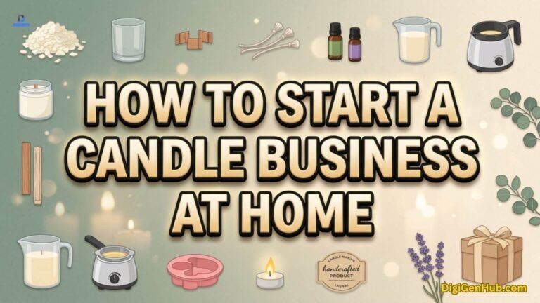 Home candle business illustration with candle-making tools and supplies.