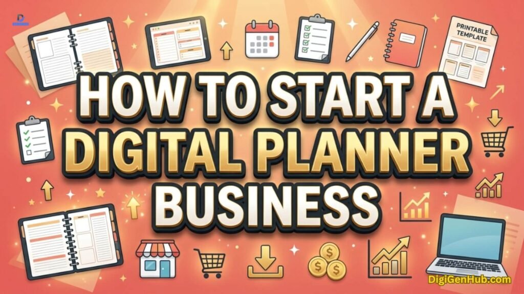 Digital planner business illustration with productivity and ecommerce icons.