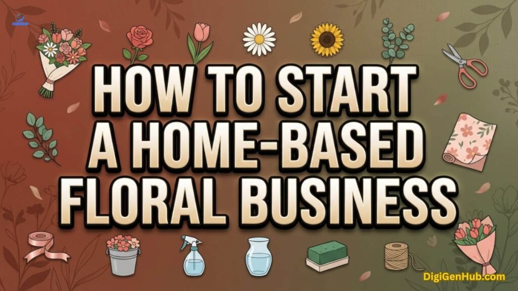 Home floral business illustration with florist tools and flower icons.