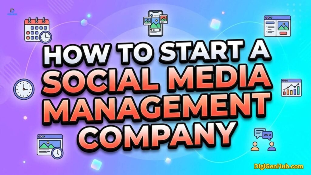 Social media management company illustration with scheduling and content icons.