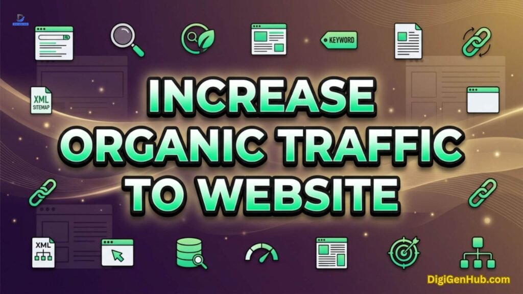 SEO organic traffic illustration with website optimization and search icons.