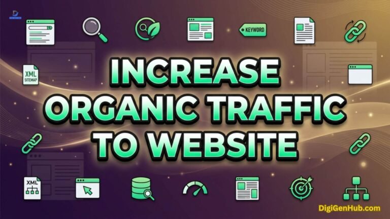 SEO organic traffic illustration with website optimization and search icons.