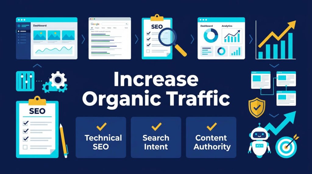 Increase organic traffic using technical SEO search intent content authority strategies effectively.
