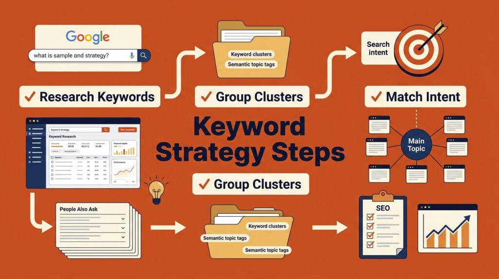 Keyword strategy workflow showing research clustering search intent for better rankings.