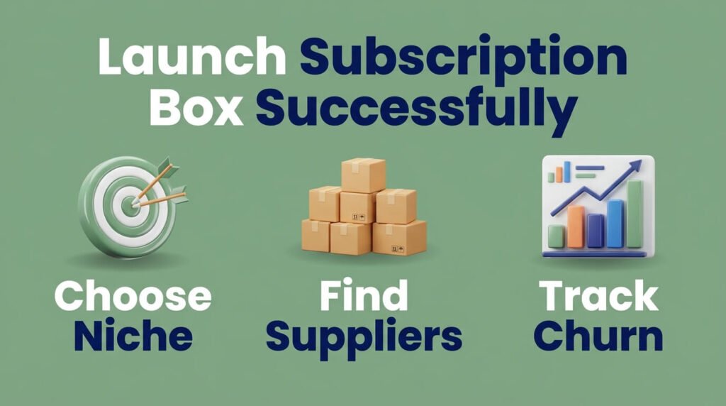 Subscription box infographic showing niche, suppliers, and churn tracking.