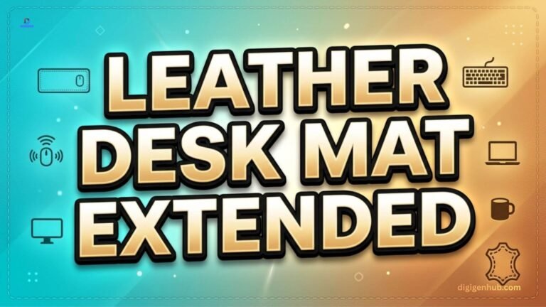 Leather desk mat illustration with workspace and desk setup icons.
