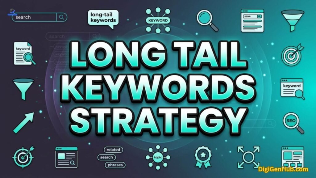 Long-tail keywords strategy illustration with SEO research icons.