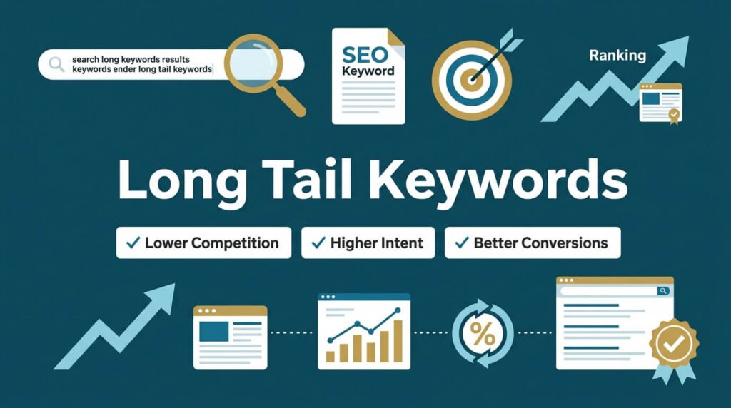 Long tail keywords increase rankings conversions with lower competition and intent.