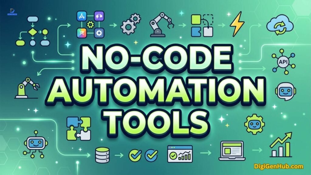 No-code automation tools illustration with workflow and integration icons.