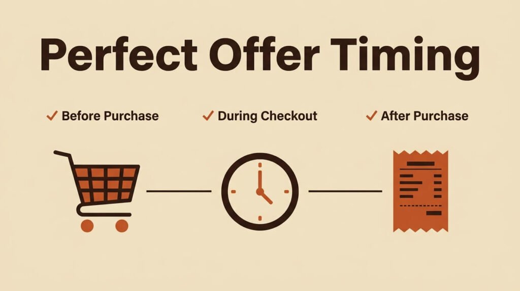 Offer timing infographic showing before checkout after purchase customer journey stages.