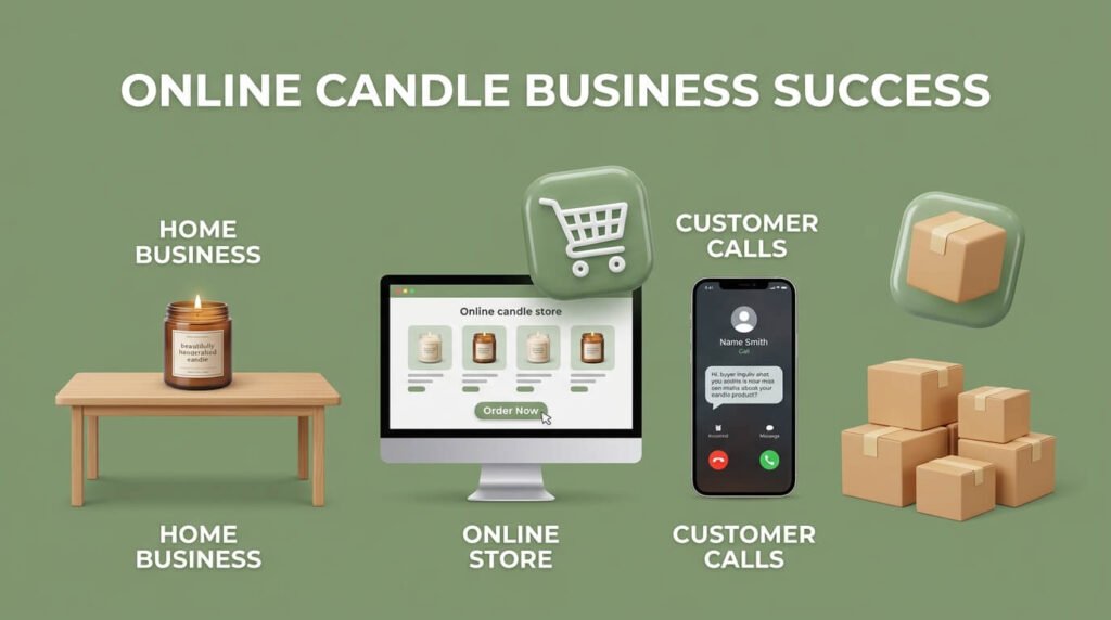 Online candle business infographic showing website, calls, and home business.