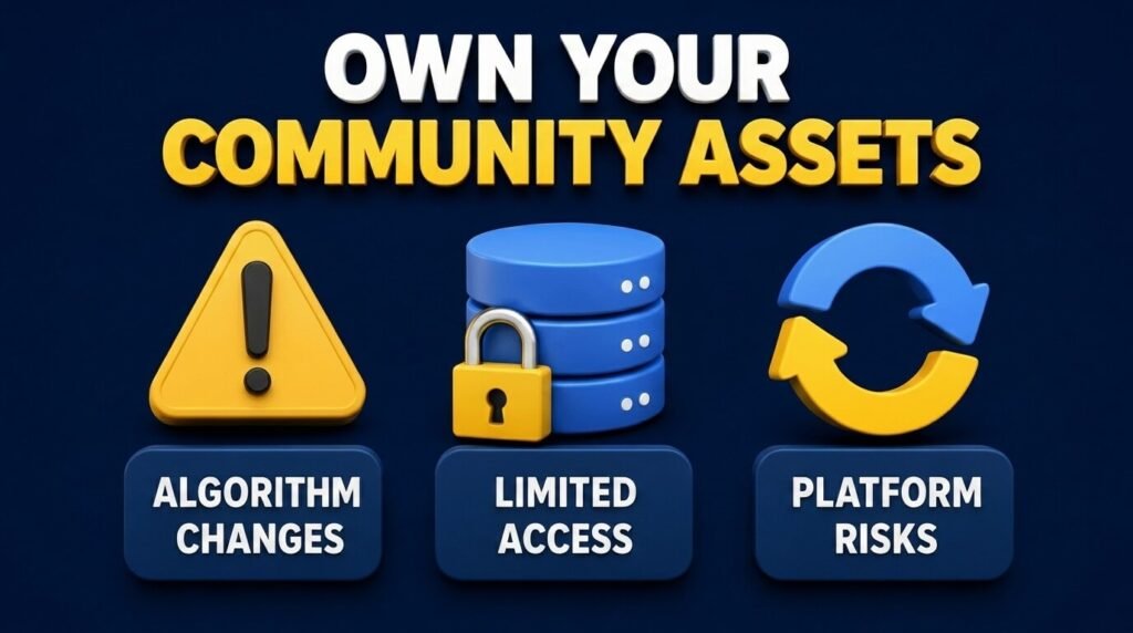 Community ownership infographic showing algorithm, data, and platform risks.