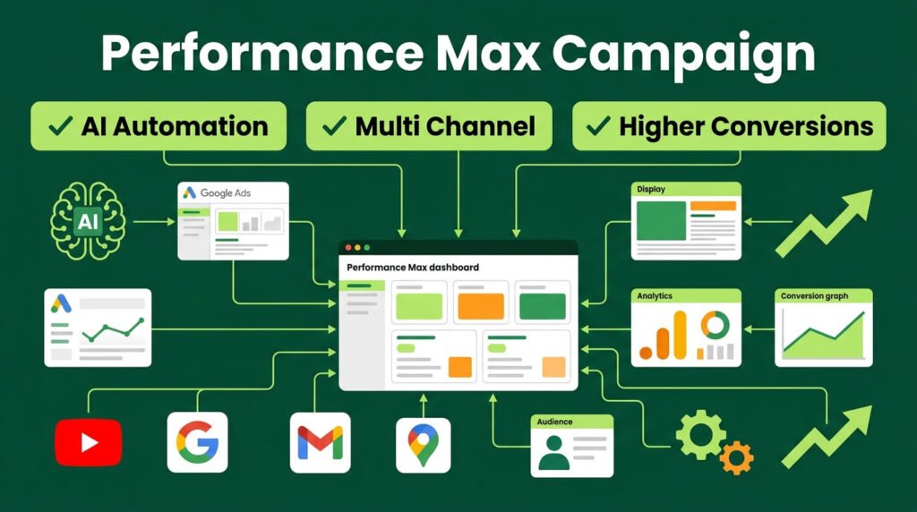 Performance Max campaign automates multiple Google channels for higher advertising conversions successfully.