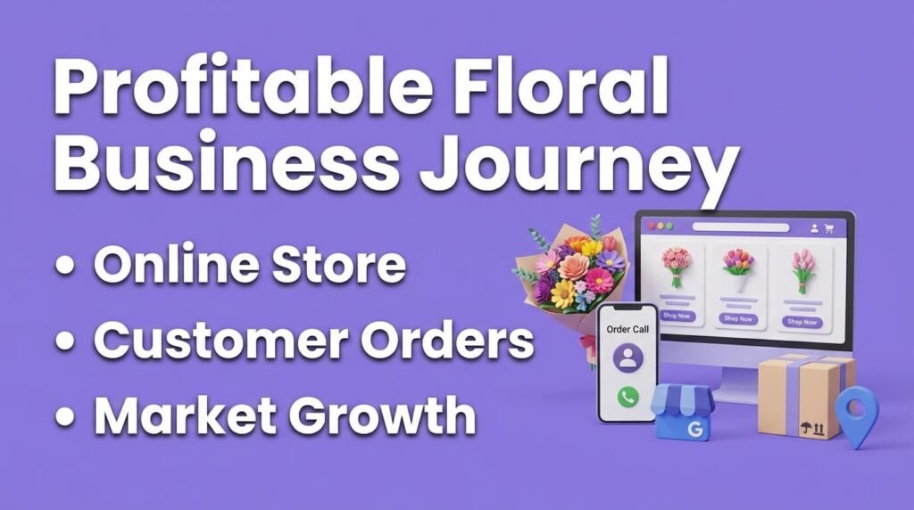 Floral business infographic showing online store, customer orders, and market growth.