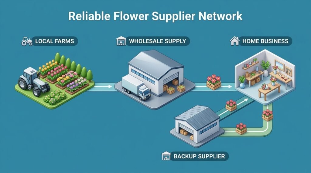 Flower supplier infographic showing local farms, wholesale supply, and backup supplier.