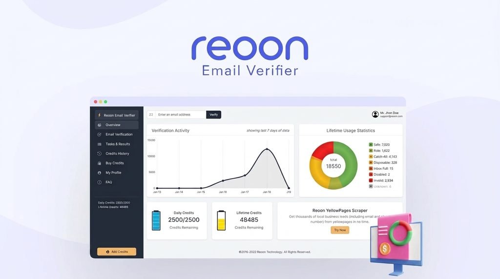 Reoon Email Verifier dashboard showing bulk email verification and bounce reduction.